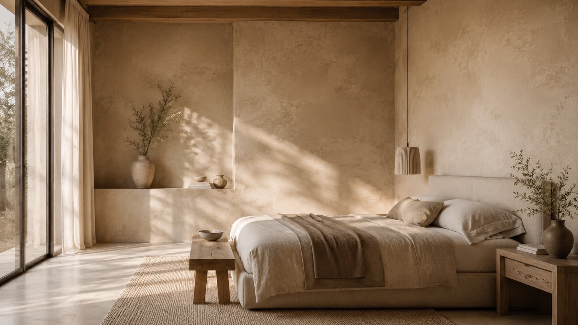 Leemwand in een warme slaapkamer met strijklicht