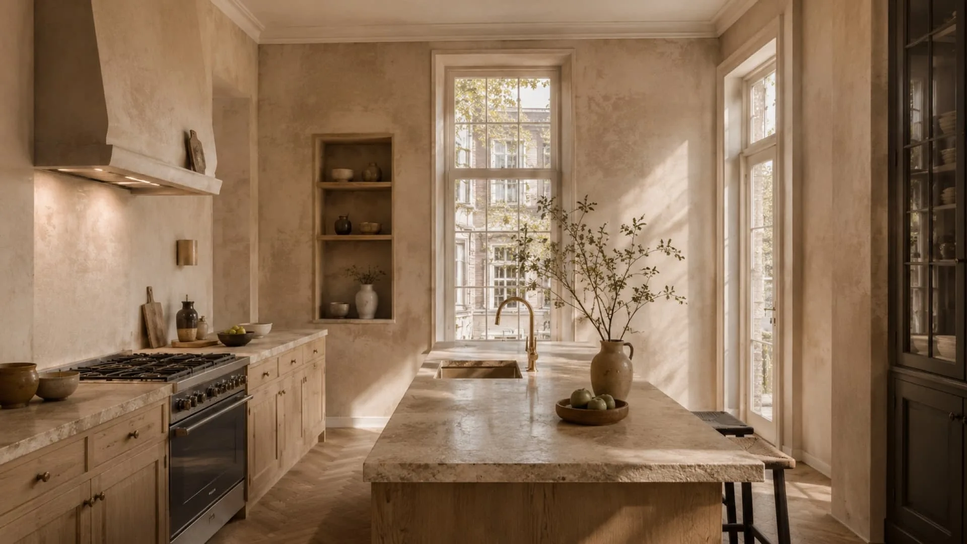 Keukenwand in leempleister met een matte, licht wolkende structuur